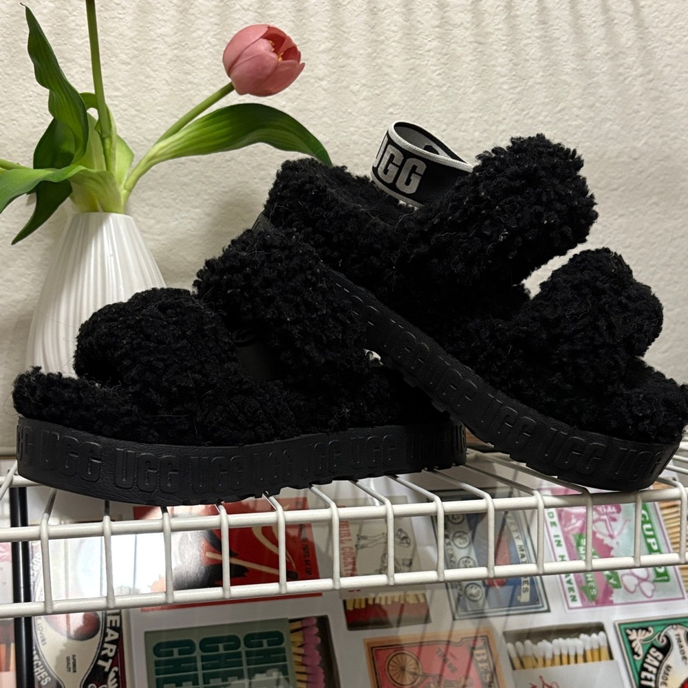 UGG Black Fluffy Houseshoes